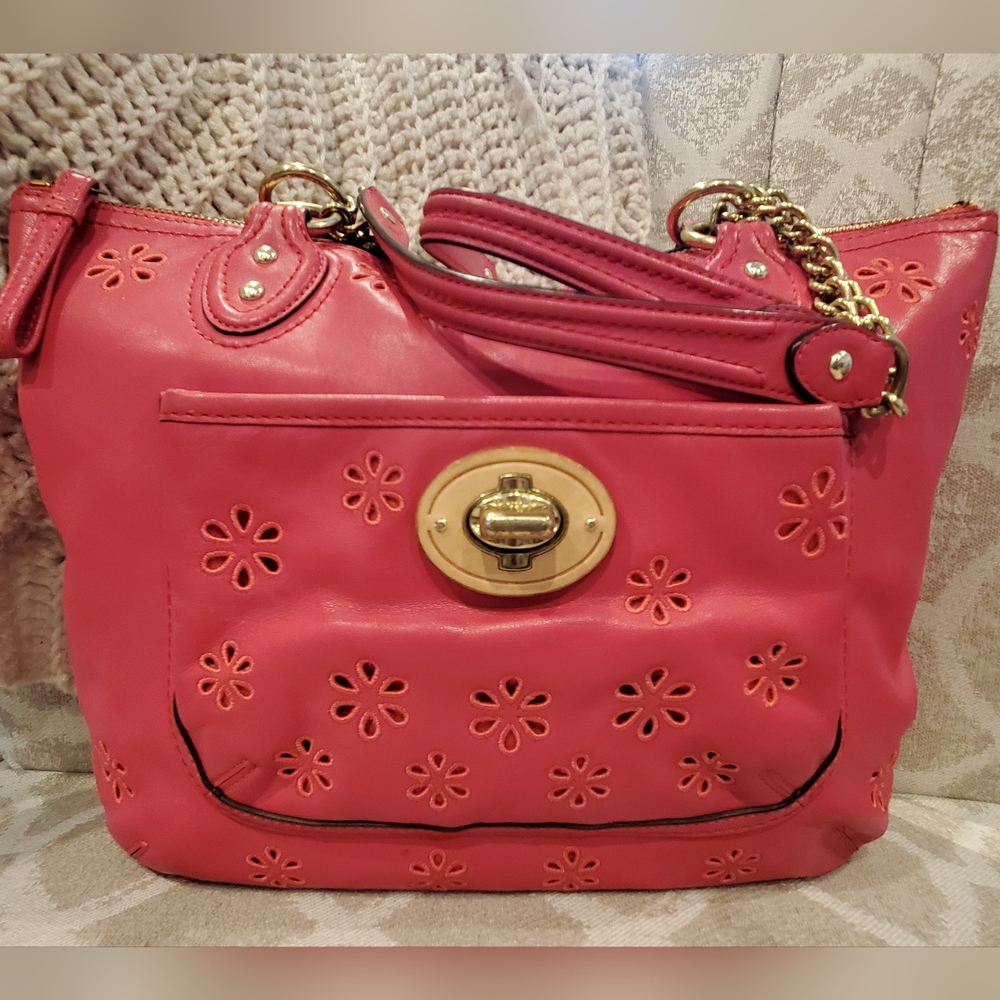 Authentic Coach Poppy Eyelet Pink Watermelon Leather Chain Tote Bag Purse $348